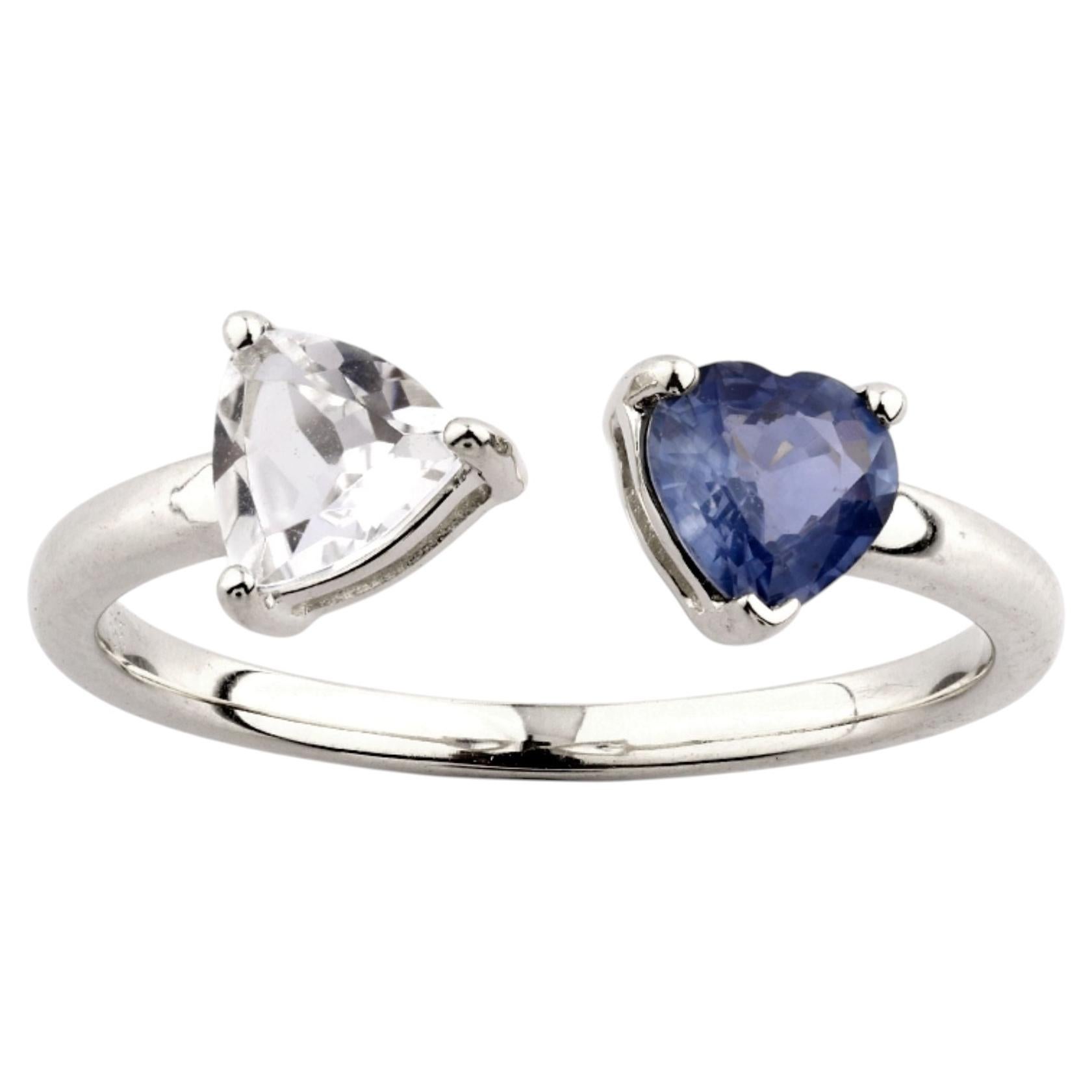 14K White Gold Toi et Moi Open Ring with Heart and Trillion Cut Gemstones