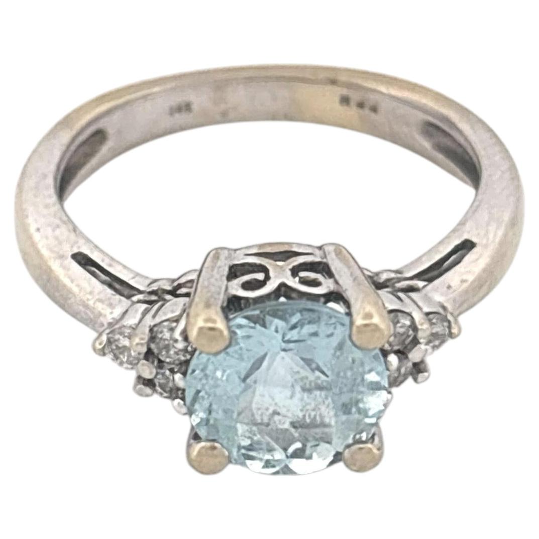 Classic Three-Stone 14k White Gold Blue Topaz & Diamond Ring
