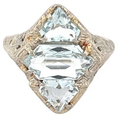 Vintage 14k White Gold Rectangular Blue Topaz Solitaire Ring