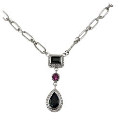 14K White Gold Tourmaline and Diamond Pendant Necklace Certified #25017