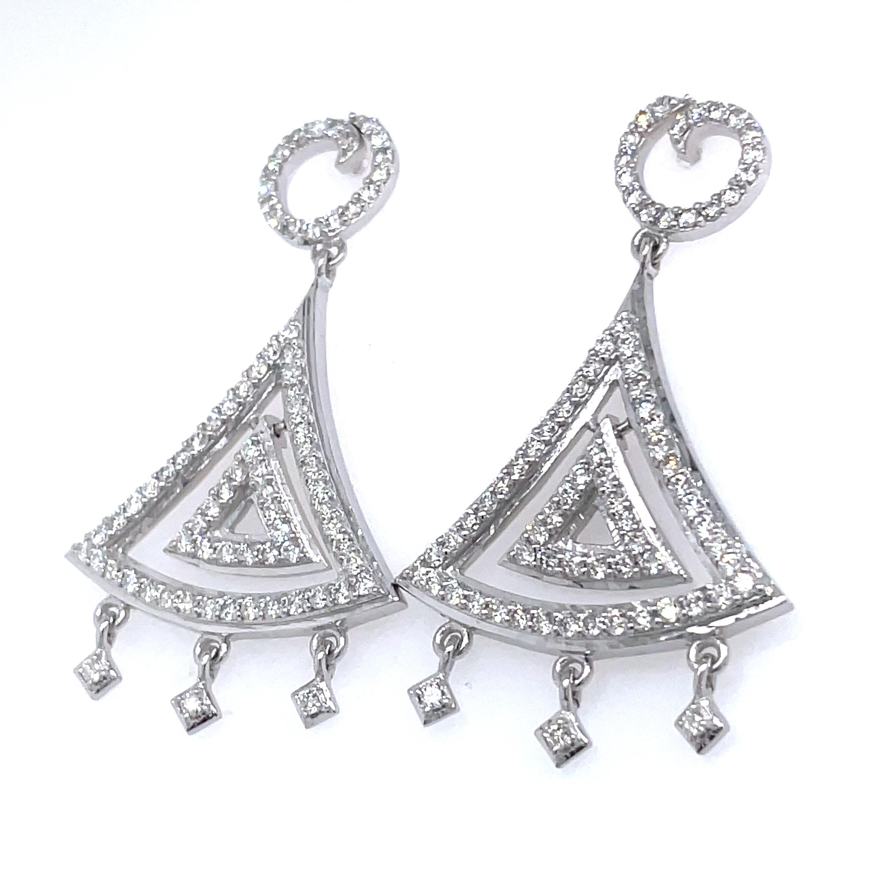 Contemporary 14k White Gold Triangle Shaped Chandelier Earrings For Sale