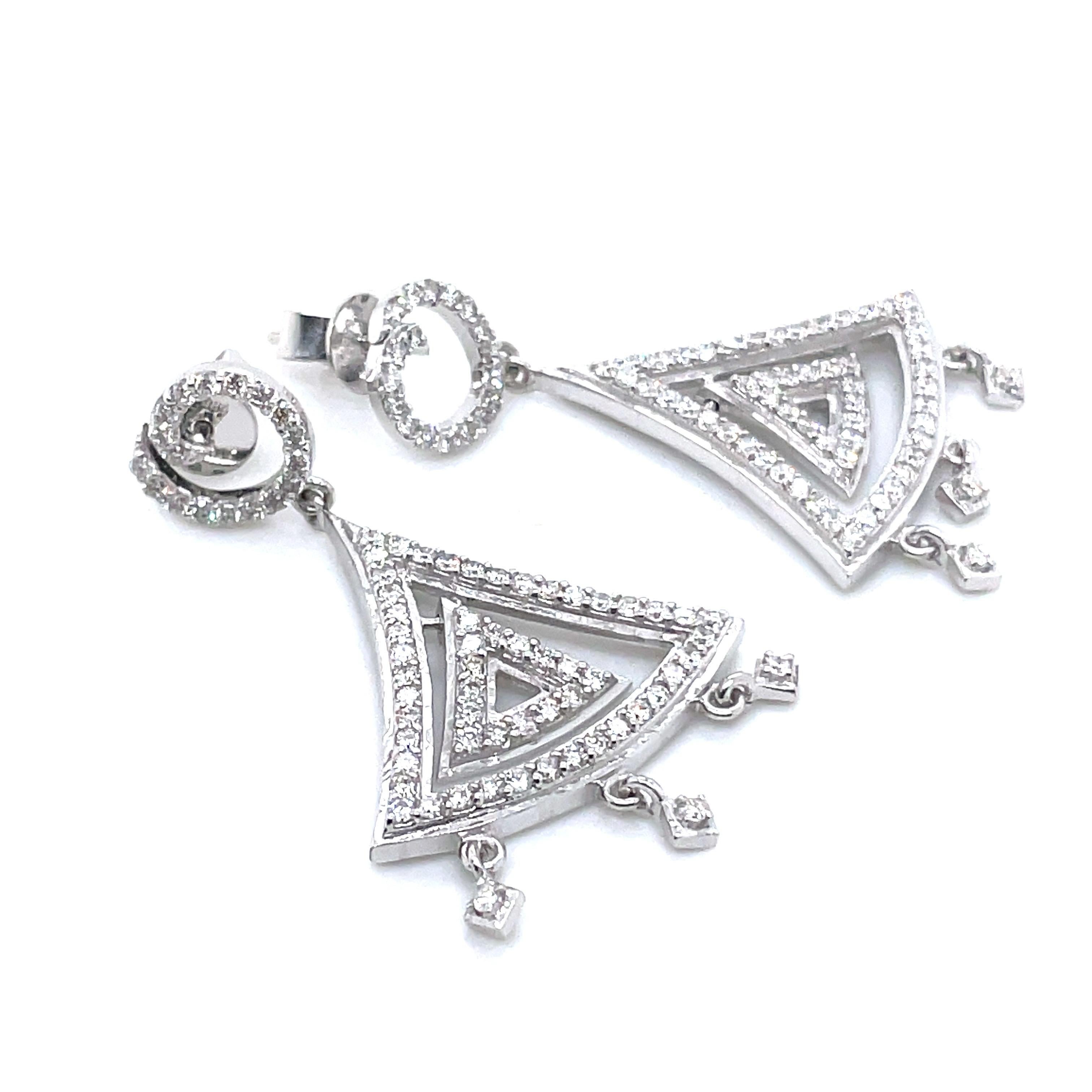 Brilliant Cut 14k White Gold Triangle Shaped Chandelier Earrings For Sale