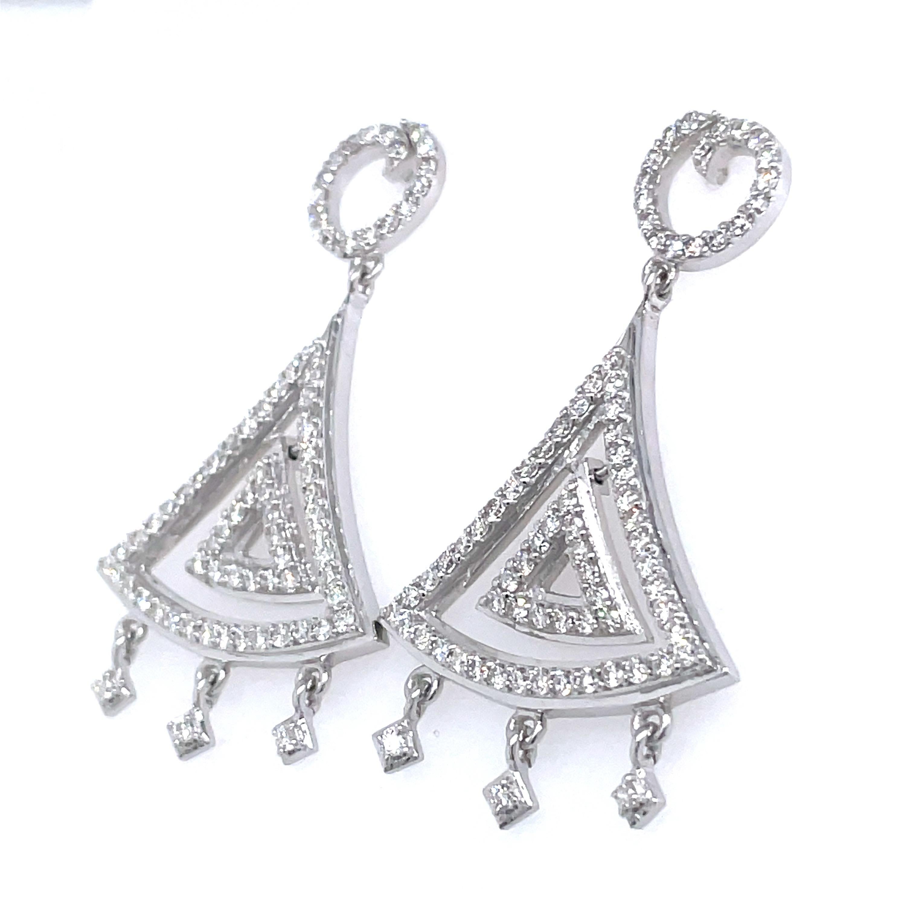 Women's 14k White Gold Triangle Shaped Chandelier Earrings For Sale