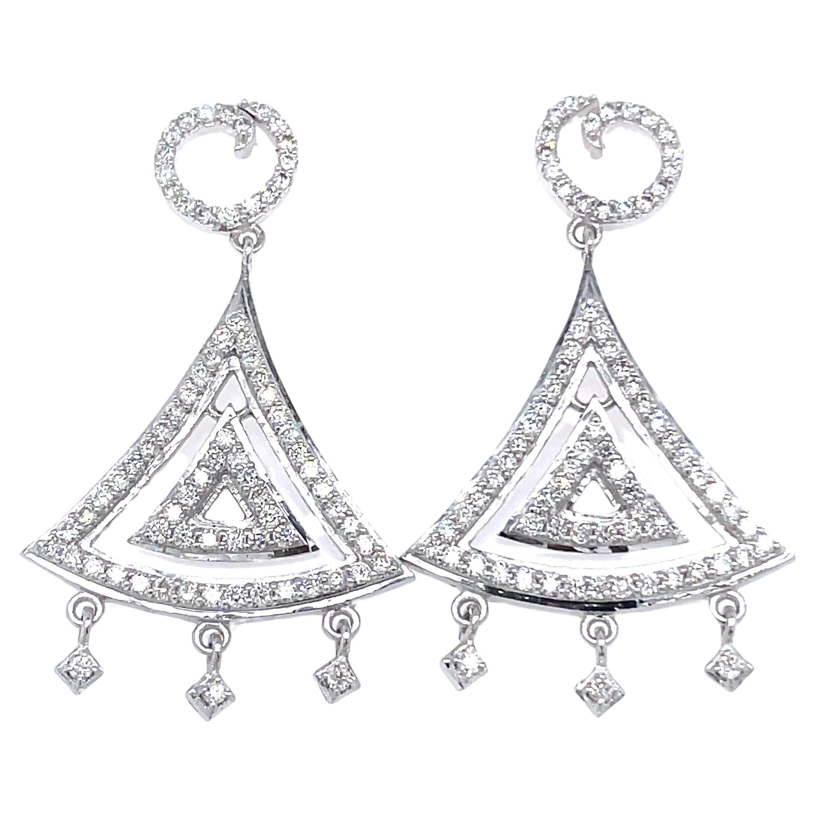 14k White Gold Triangle Shaped Chandelier Earrings For Sale