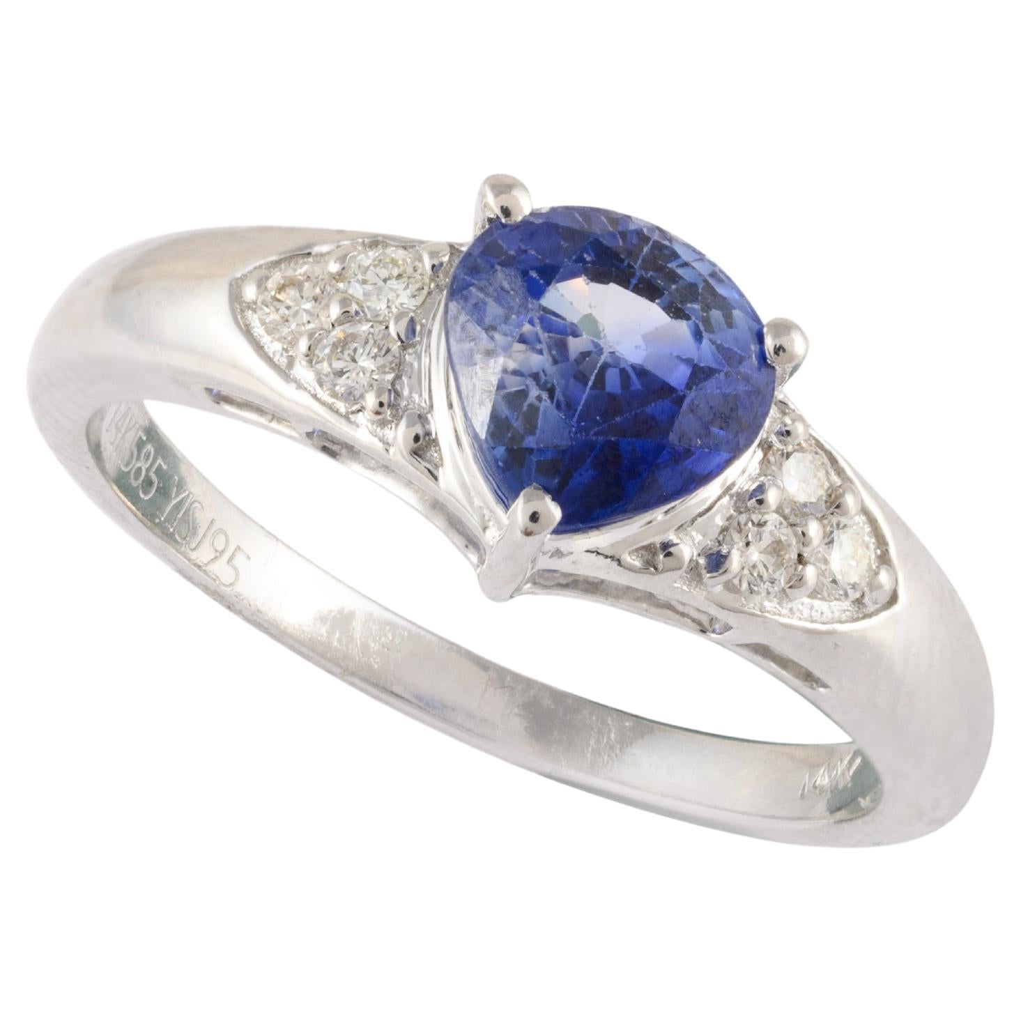 For Sale:  14k White Gold Trillion Cut Sapphire Birthstone Engagement Ring with Diamonds