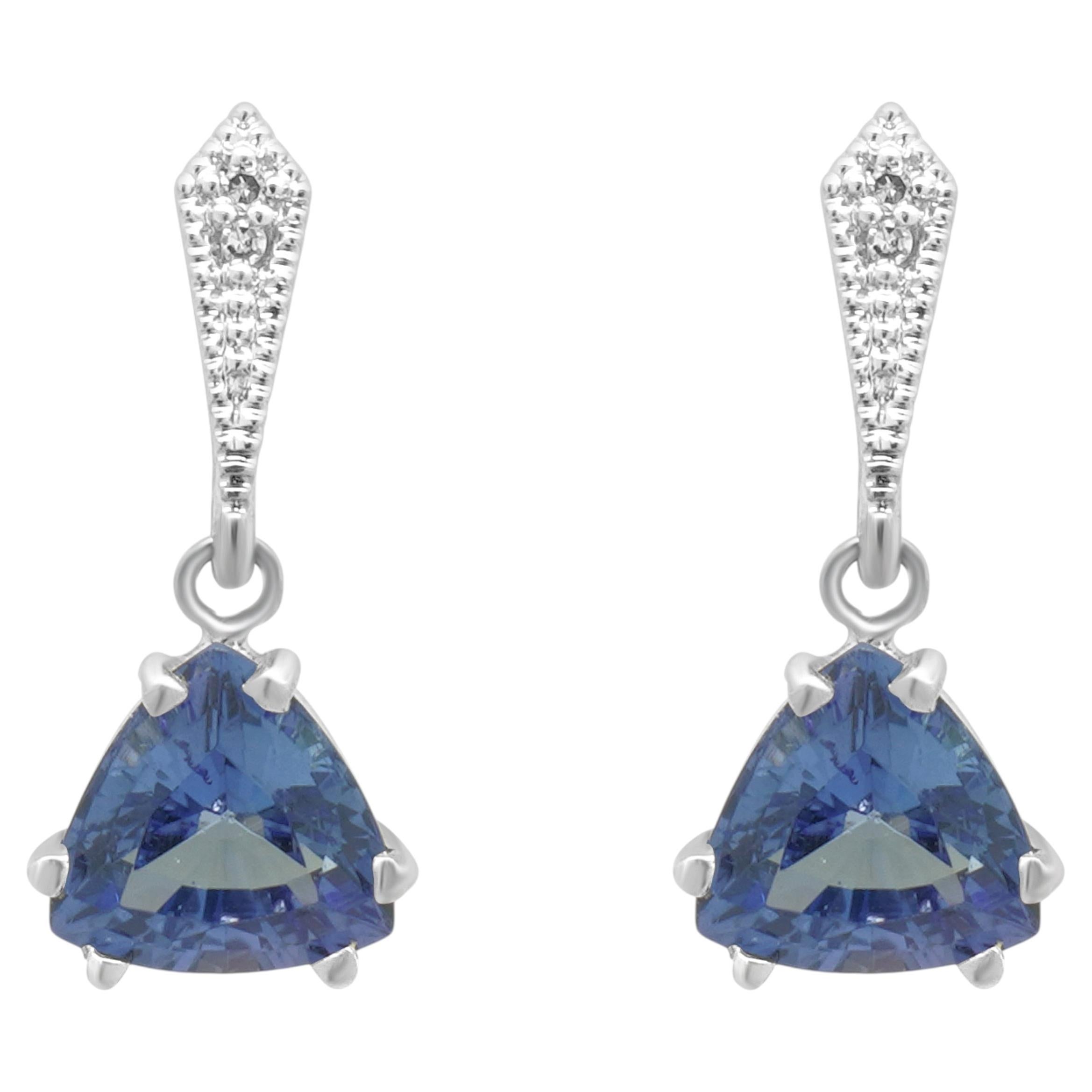 14K White Gold Trillion Cut Tanzanite and Diamond Dangle Earrings