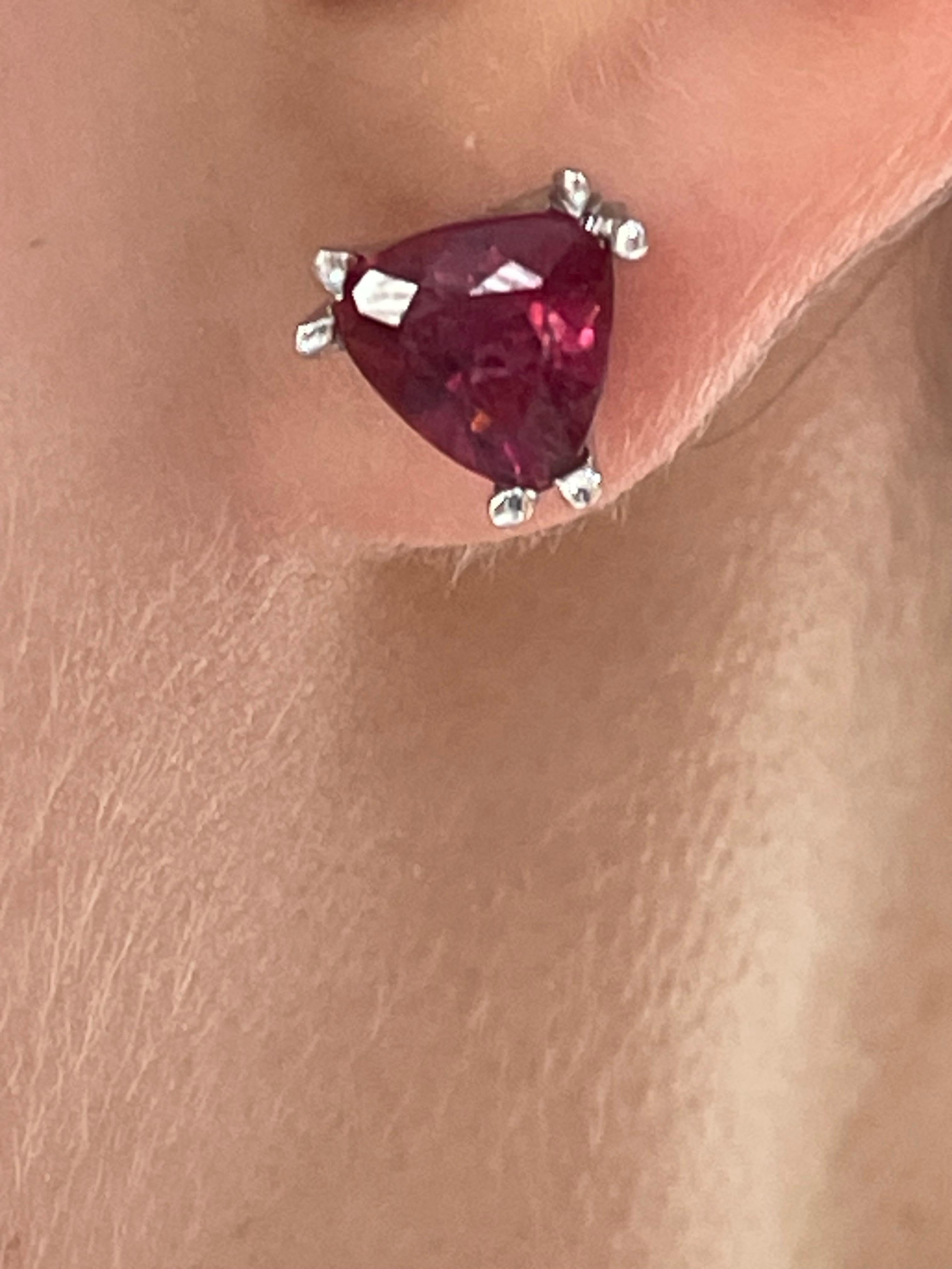 Women's 14K White Gold Trillion Pink Tourmaline Double Prong Stud Earrings  For Sale
