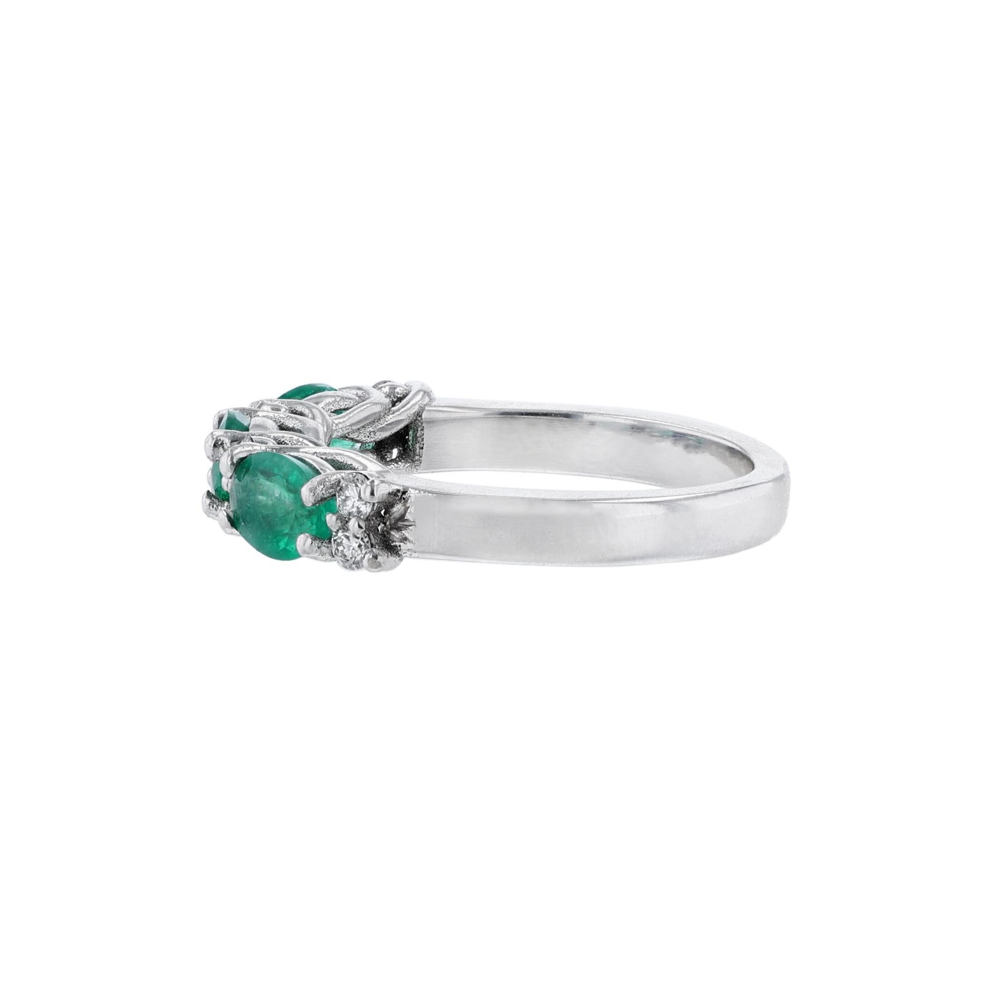 Modern 14K White Gold Triple Oval Emerald Diamond Ring, 1.40 Carat For Sale