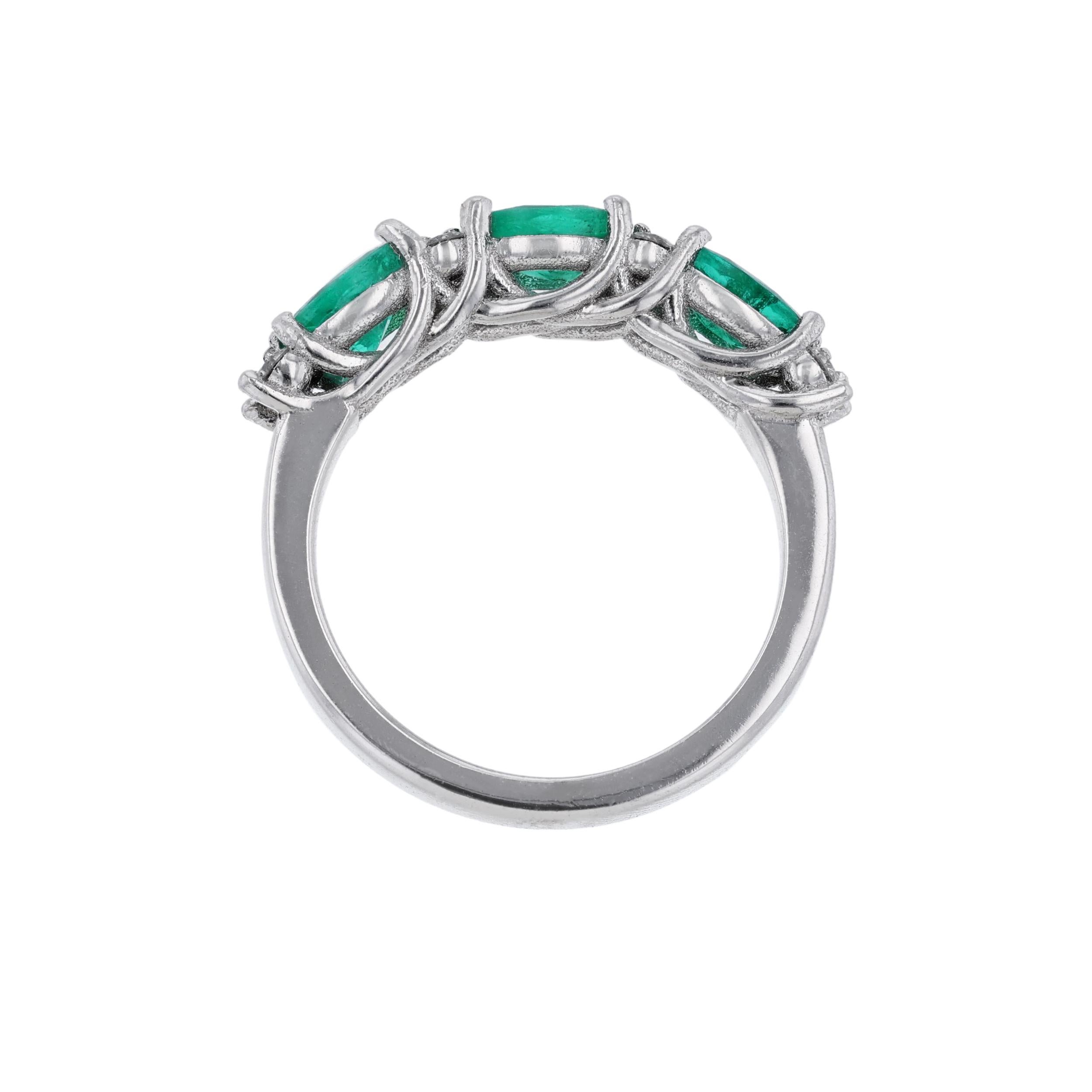 Oval Cut 14K White Gold Triple Oval Emerald Diamond Ring, 1.40 Carat For Sale