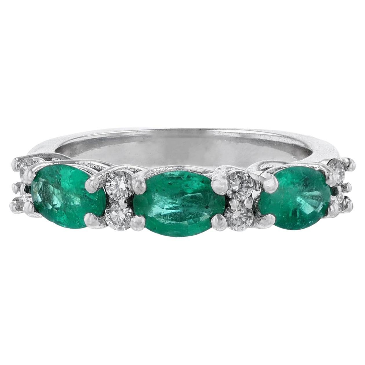 14K White Gold Triple Oval Emerald Diamond Ring, 1.40 Carat