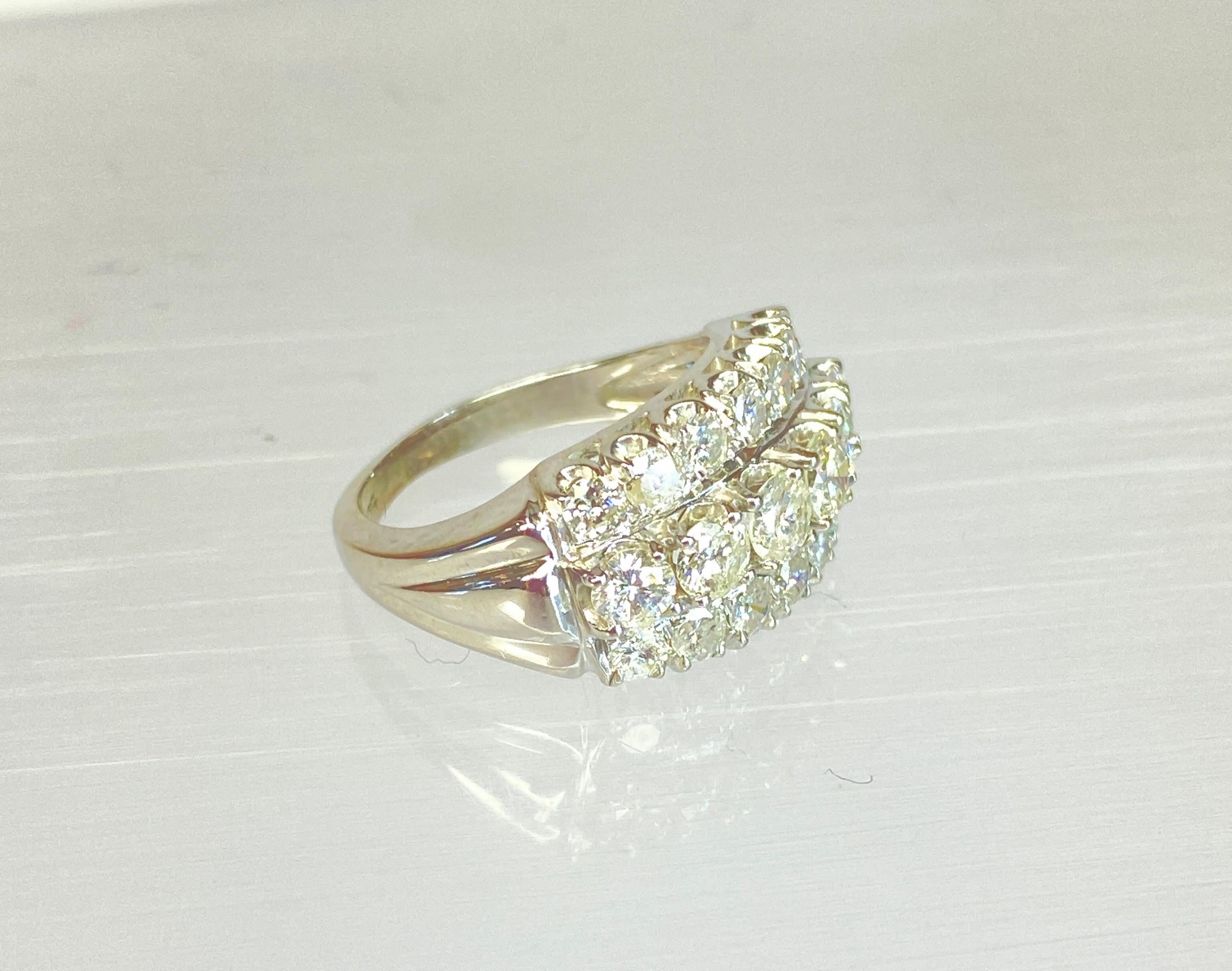 Brilliant Cut 14K White Gold Triple Row 2 Carat Natural Diamond Round Cut Wedding Ring Sz 5.75 For Sale