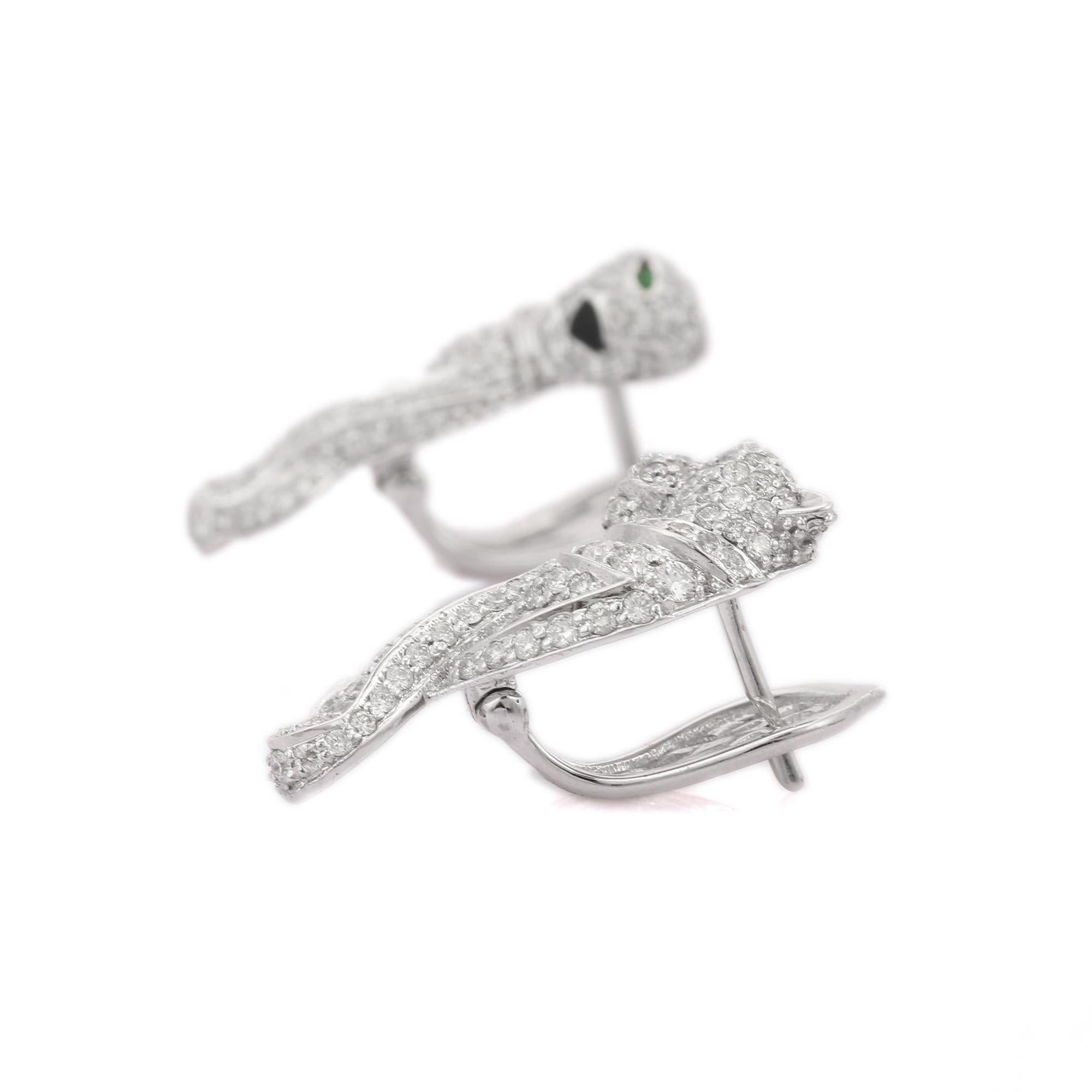 Modern 14K White Gold Tsavorite and Diamond Panther Statement Stud Earrings For Sale