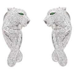 14K White Gold Tsavorite and Diamond Panther Statement Stud Earrings