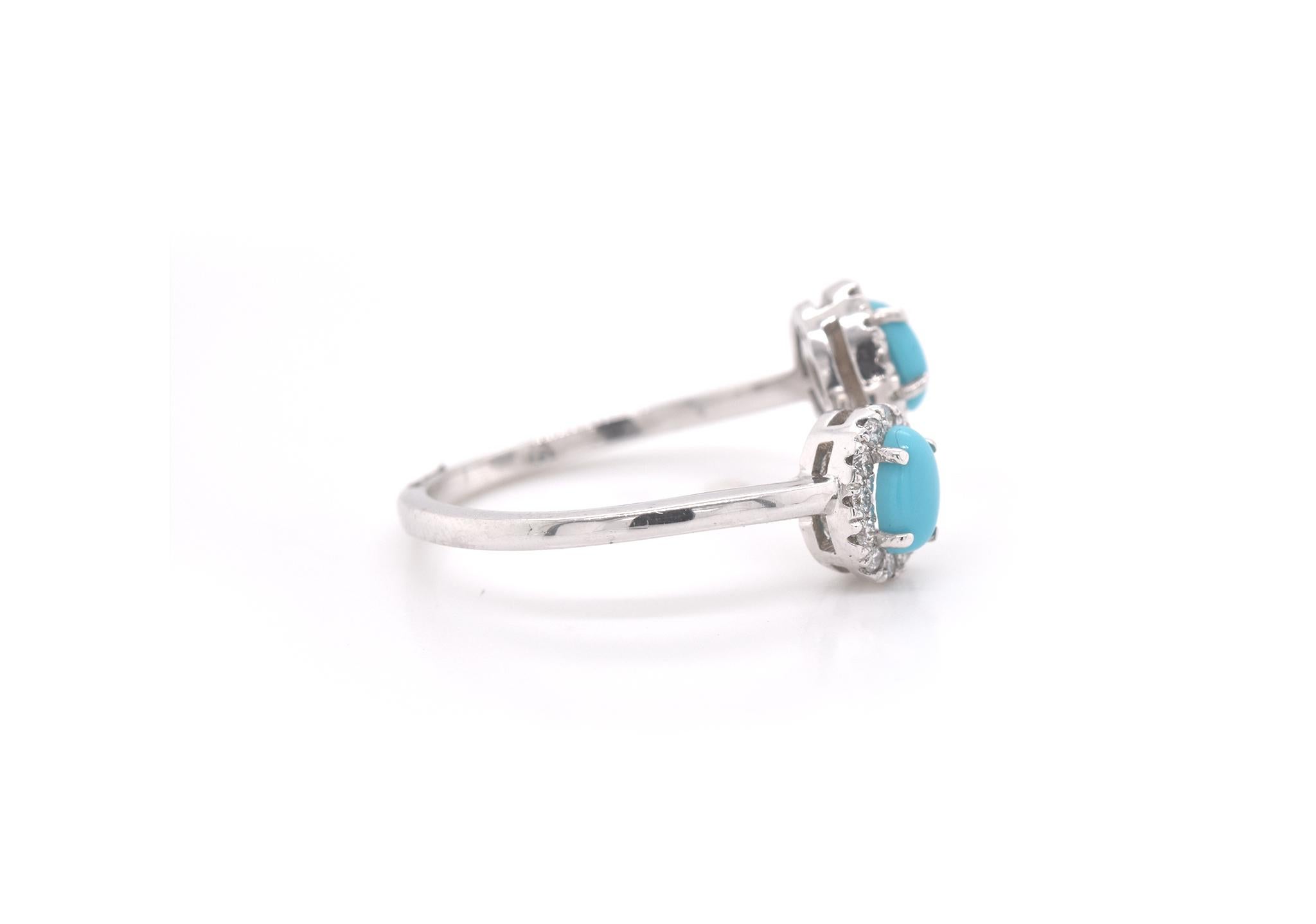 Designer: The Estate Watch and Jewelry Company
Material: 14k white gold
Turquoise: 2 oval cabochon cut turquoise 
Diamonds: 24 round brilliant cuts = 0.34cttw
Ring size: 6 ½ (please allow two additional shipping days for sizing requests)
Dimensions: