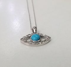 14k White Gold Turquoise and Diamond "Evil Eye" Necklace