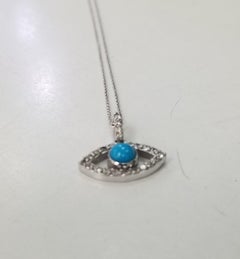 14k White Gold Turquoise and Diamond "Evil Eye" Necklace