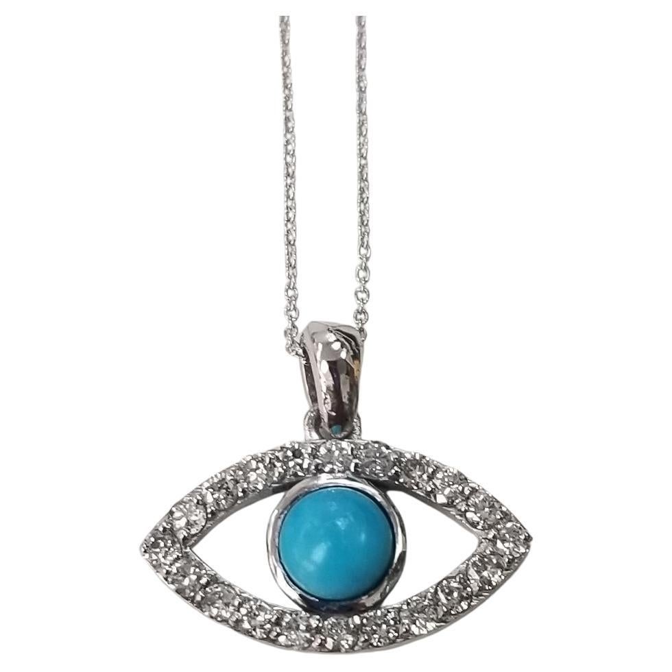 14k White Gold Turquoise and Diamond "Evil Eye" Necklace For Sale