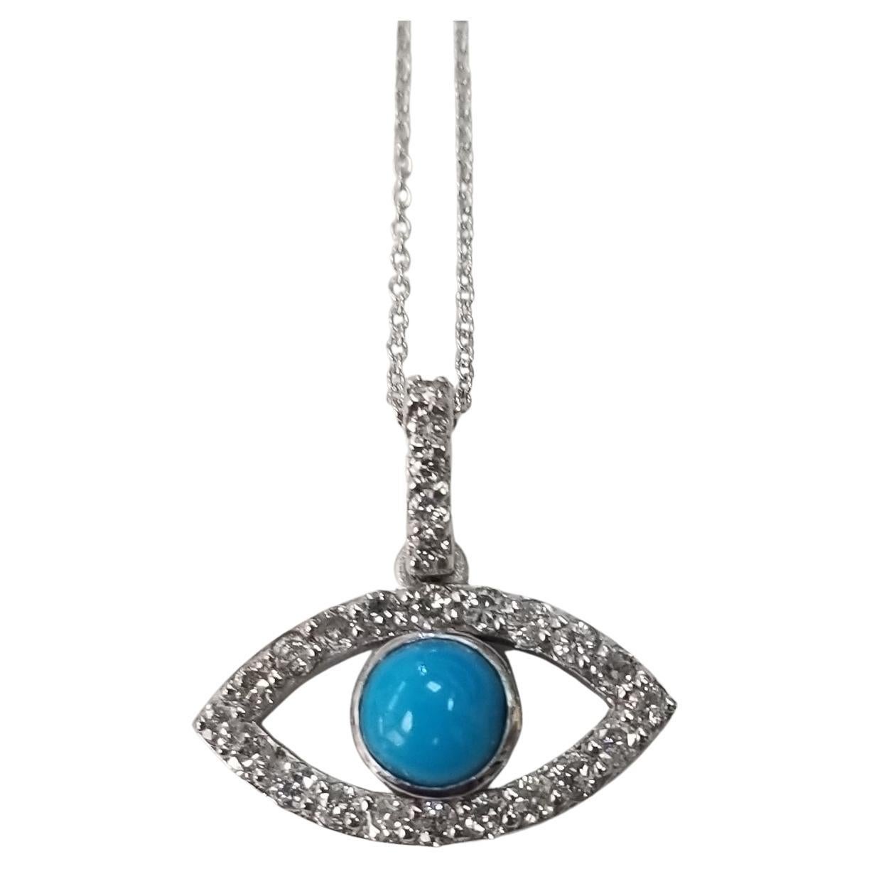 14k White Gold Turquoise and Diamond "Evil Eye" Necklace