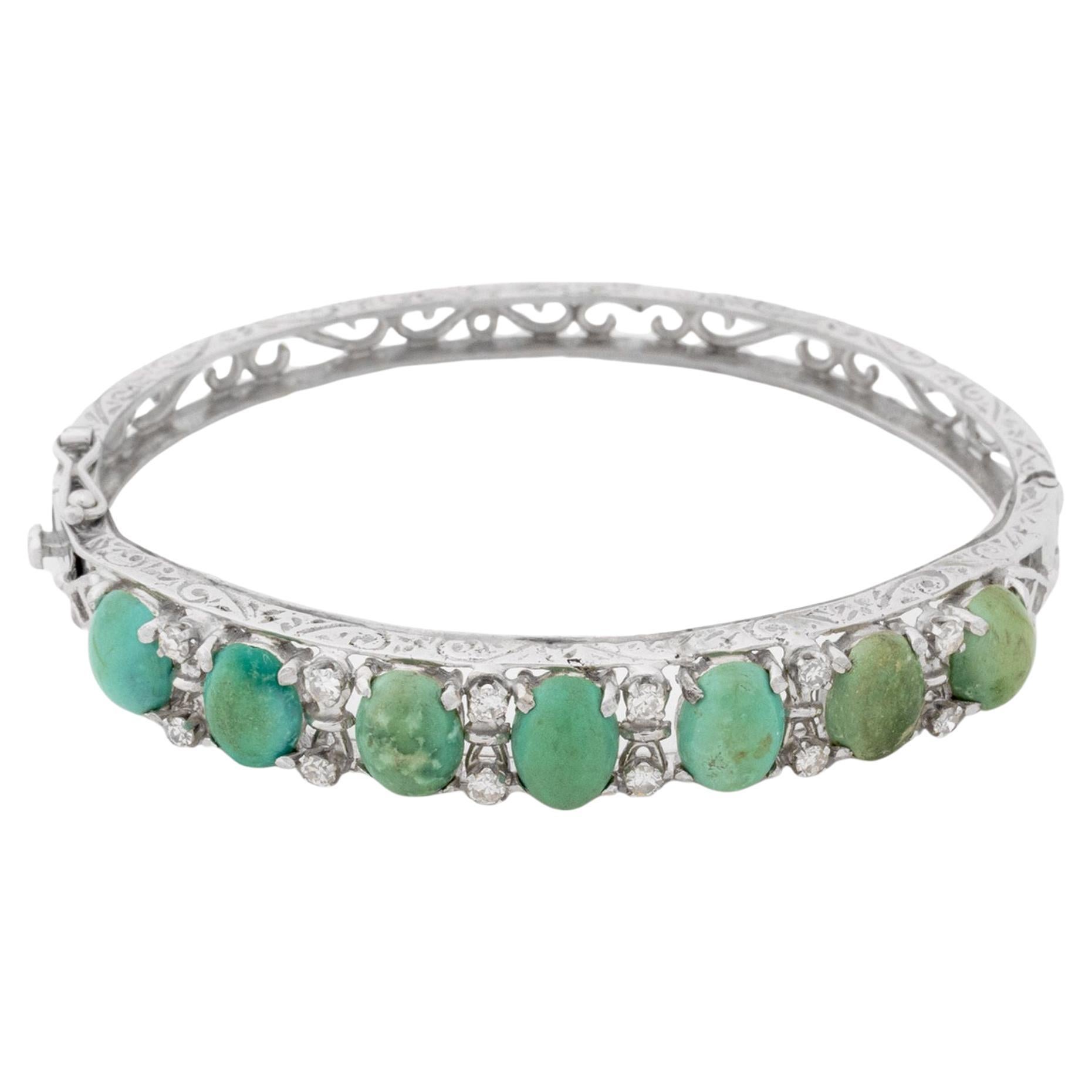 14K White Gold Turquoise Diamond Bangle