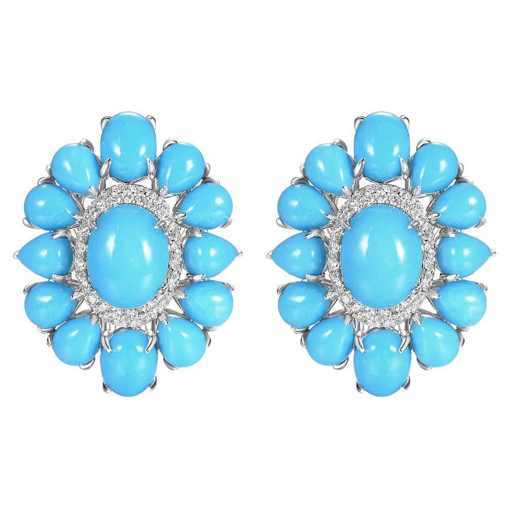Orecchini in oro bianco 14 carati con turchese e diamanti del designer Carat, 3,60 ct