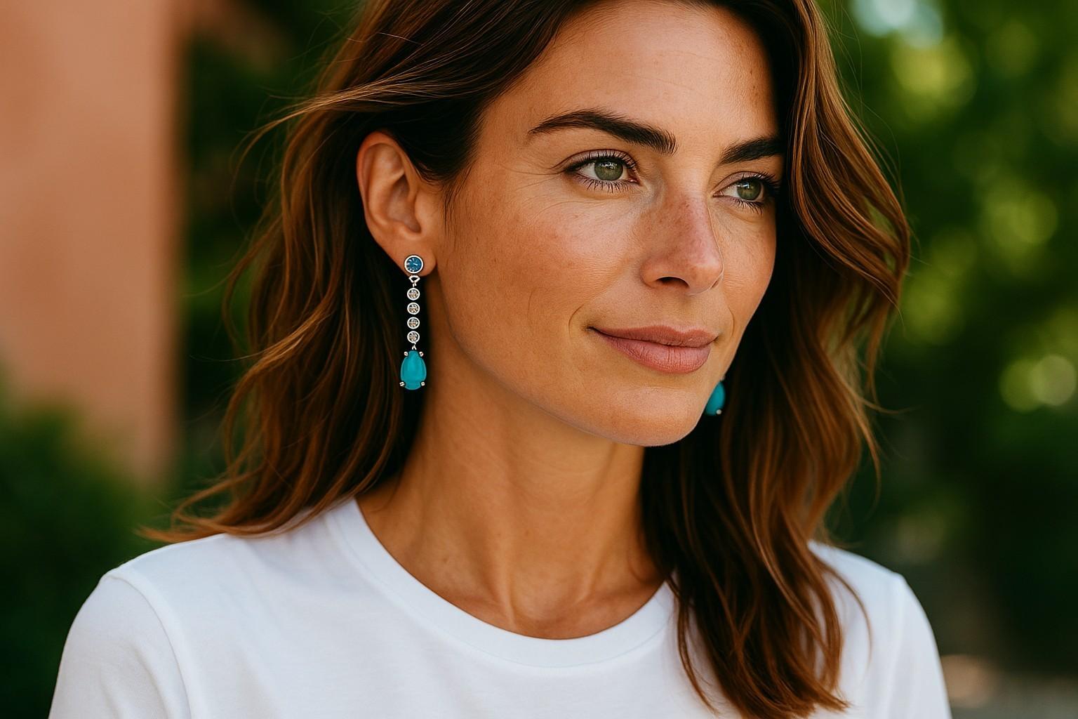 These exquisite earrings showcase two perfectly matched pear-shaped turquoise gemstones, each glowing with vibrant oceanic blue tones. The turquoise drops are accented by a halo of round brilliant-cut diamonds weighing a total of approximately 0.25
