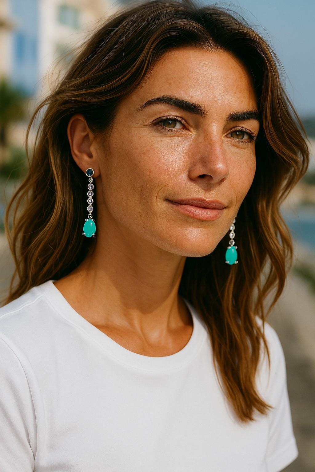 Modern 14K White Gold Turquoise, Diamond & Sapphire Hoop Drop Earrings For Sale