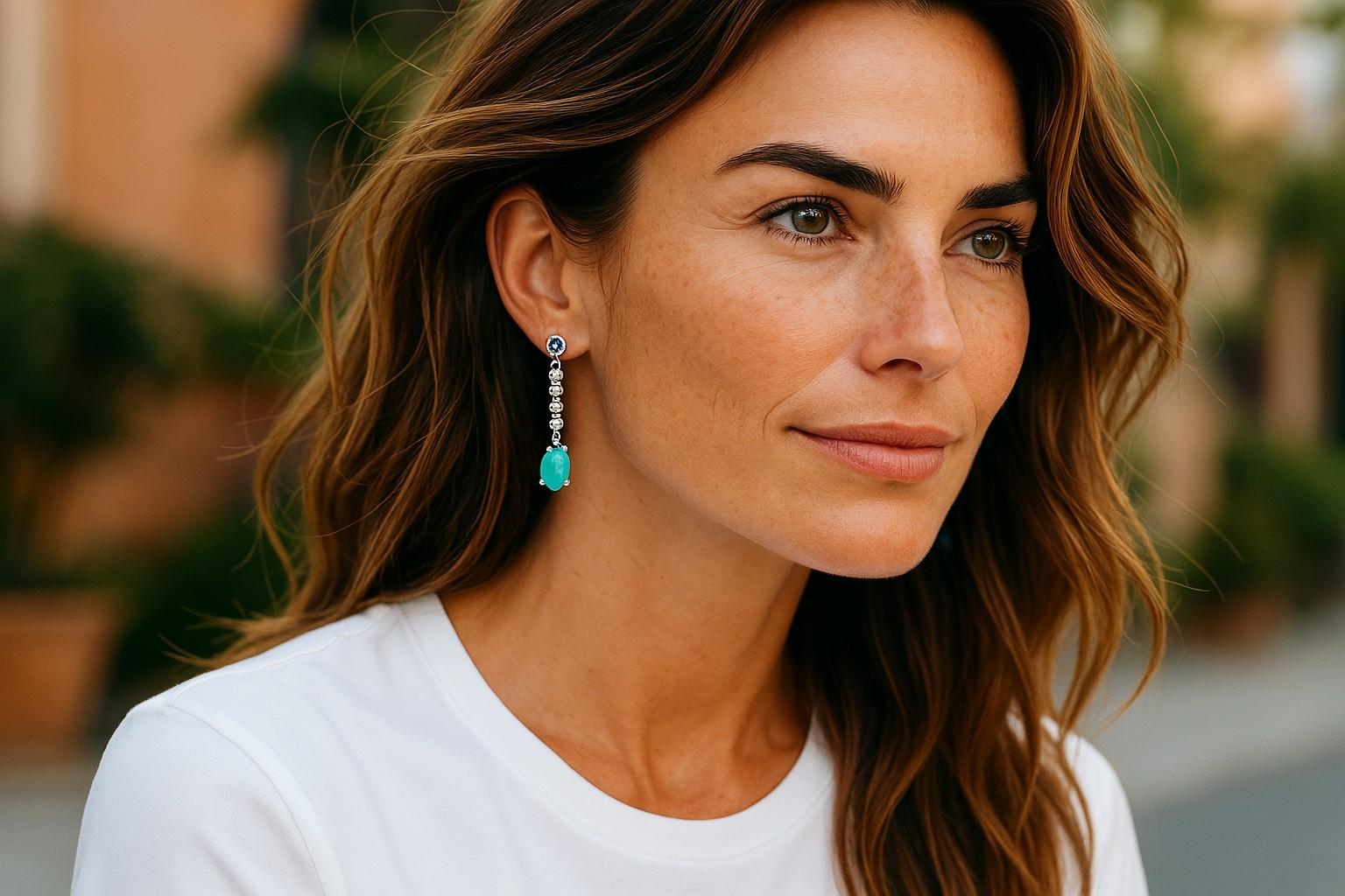 Oval Cut 14K White Gold Turquoise, Diamond & Sapphire Hoop Drop Earrings For Sale