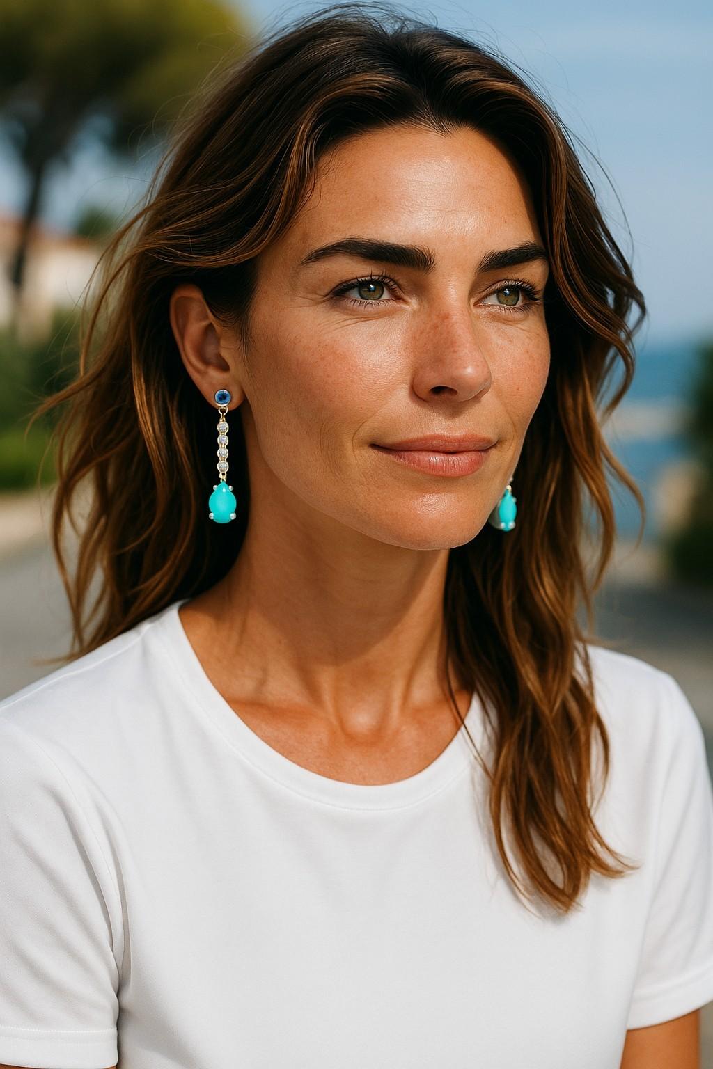 14K White Gold Turquoise, Diamond & Sapphire Hoop Drop Earrings In New Condition For Sale In New York, NY