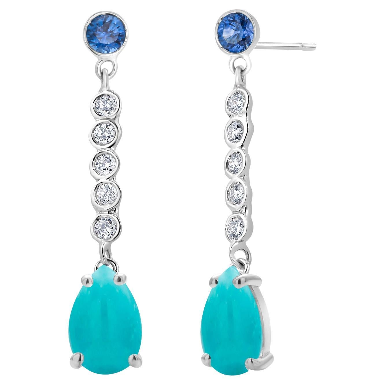14K White Gold Turquoise, Diamond & Sapphire Hoop Drop Earrings For Sale