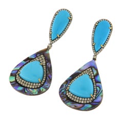 14k White Gold Turquoise Abalone Pearl Diamond Drop Earrings