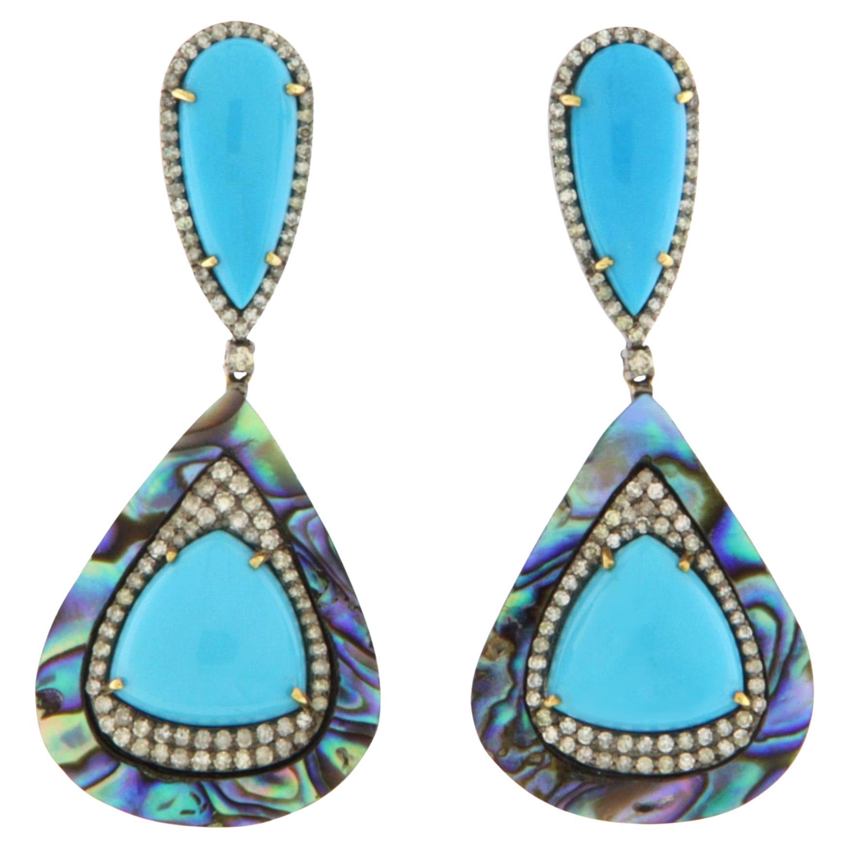14k Weißgold Türkis Perlmutt Diamant Tropfen Ohrringe im Angebot
