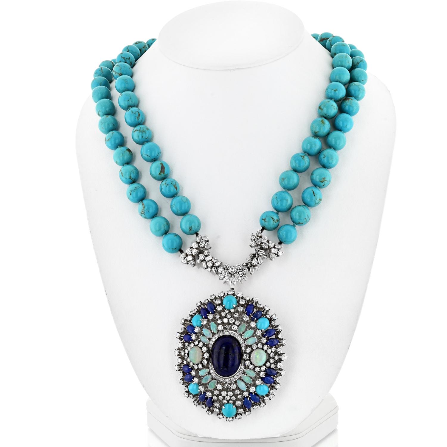 Transport yourself to the free-spirited vibes of the 1970s with this mesmerizing gypsy-style necklace – a boho dream adorned with opals, turquoise, diamonds, and sapphires. This piece is a celebration of diversity and individuality, capturing the