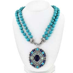 14K White Gold Turquoise, Sapphires, Diamonds, Opals Necklace