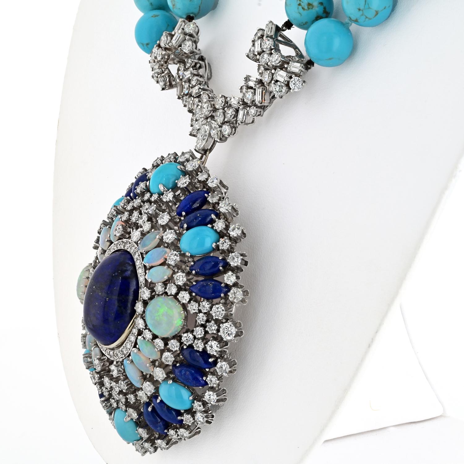 Modern 14K White Gold Turquoise, Sapphires, Diamonds, Opals Necklace For Sale