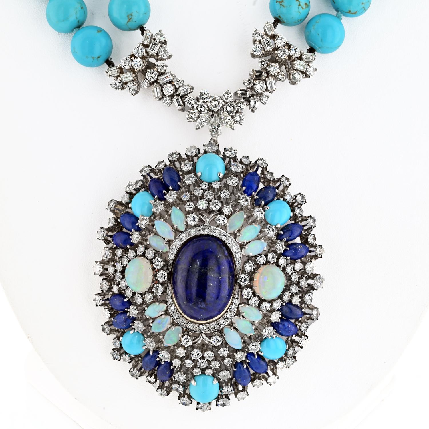 Cabochon 14K White Gold Turquoise, Sapphires, Diamonds, Opals Necklace For Sale
