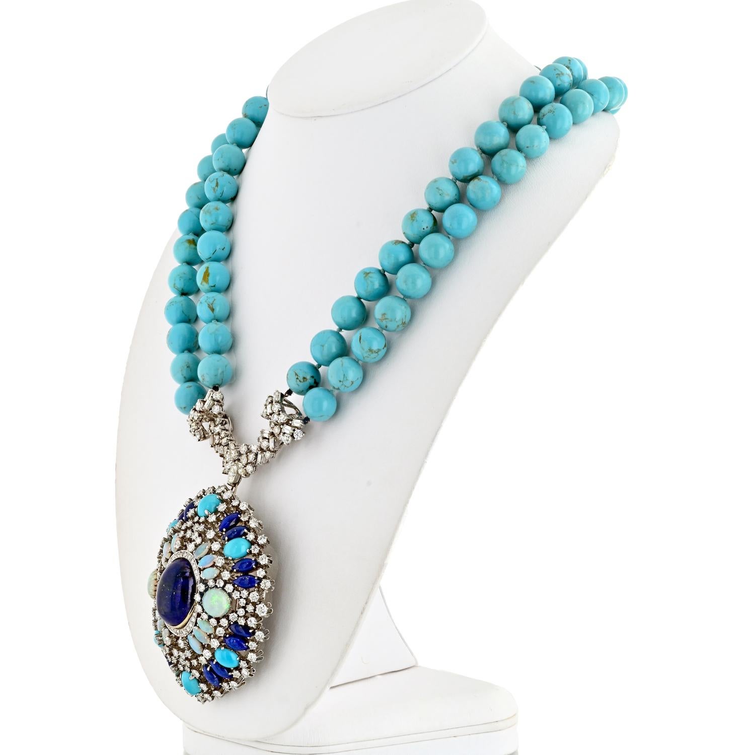 14K White Gold Turquoise, Sapphires, Diamonds, Opals Necklace In Excellent Condition For Sale In New York, NY