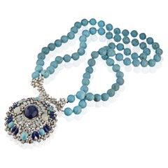 Collier en or blanc 14 carats avec turquoises, saphirs, diamants et opales