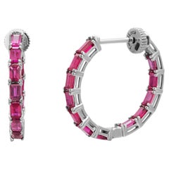 14K White Gold “Twist Lock” Inside-Out Hoop Earrings with Baguette Rubies 2.35