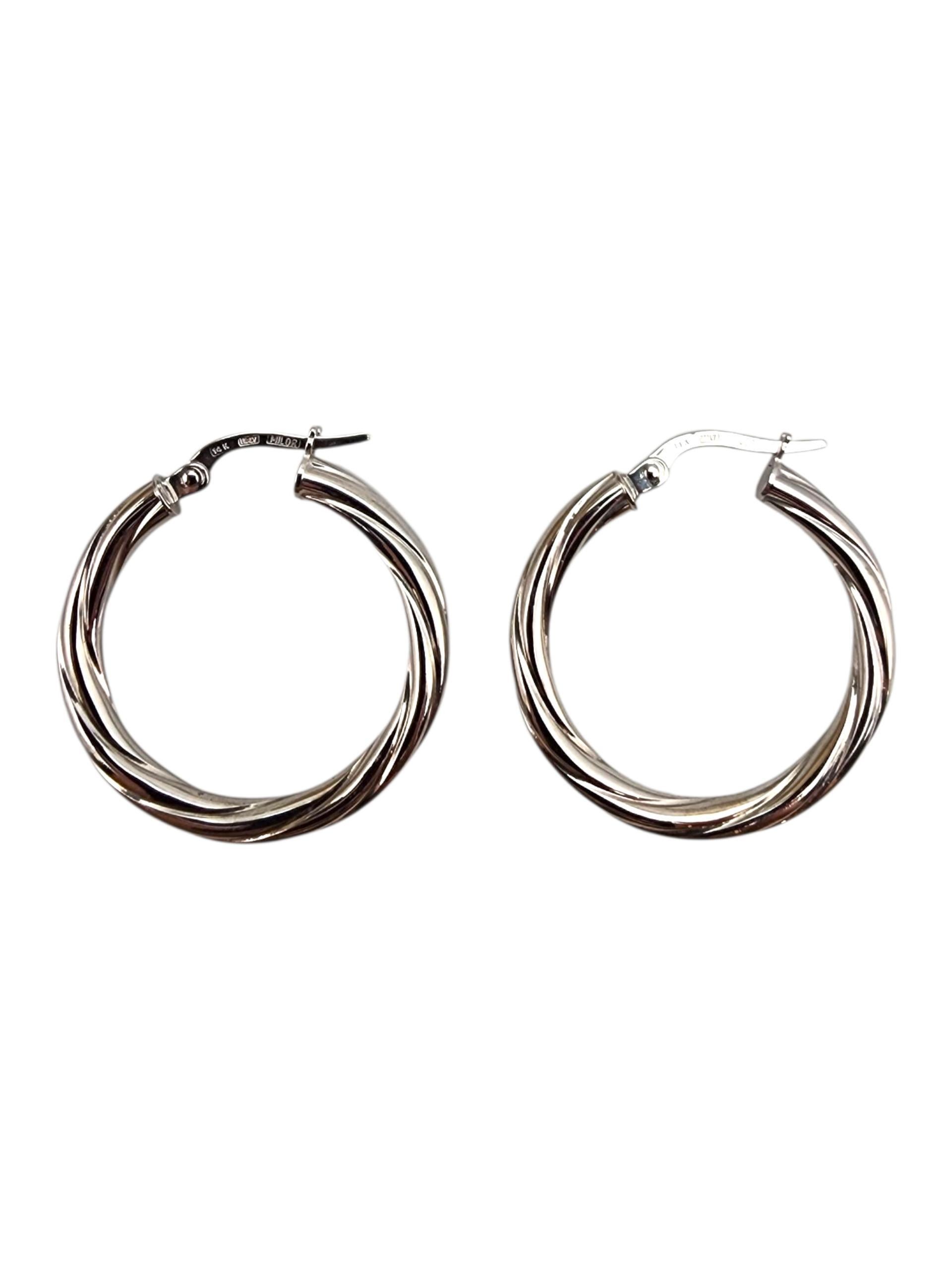14K White Gold Hoop Earrings-

14K white gold twisted rope hoops with a detailed, woven design for a classic yet contemporary style.

Size: 26.6 mm x 3 mm 

Weight: 2.2./ 1.4 dwt.

Stamped: 14kt Italy Milor

Very good condition, professionally