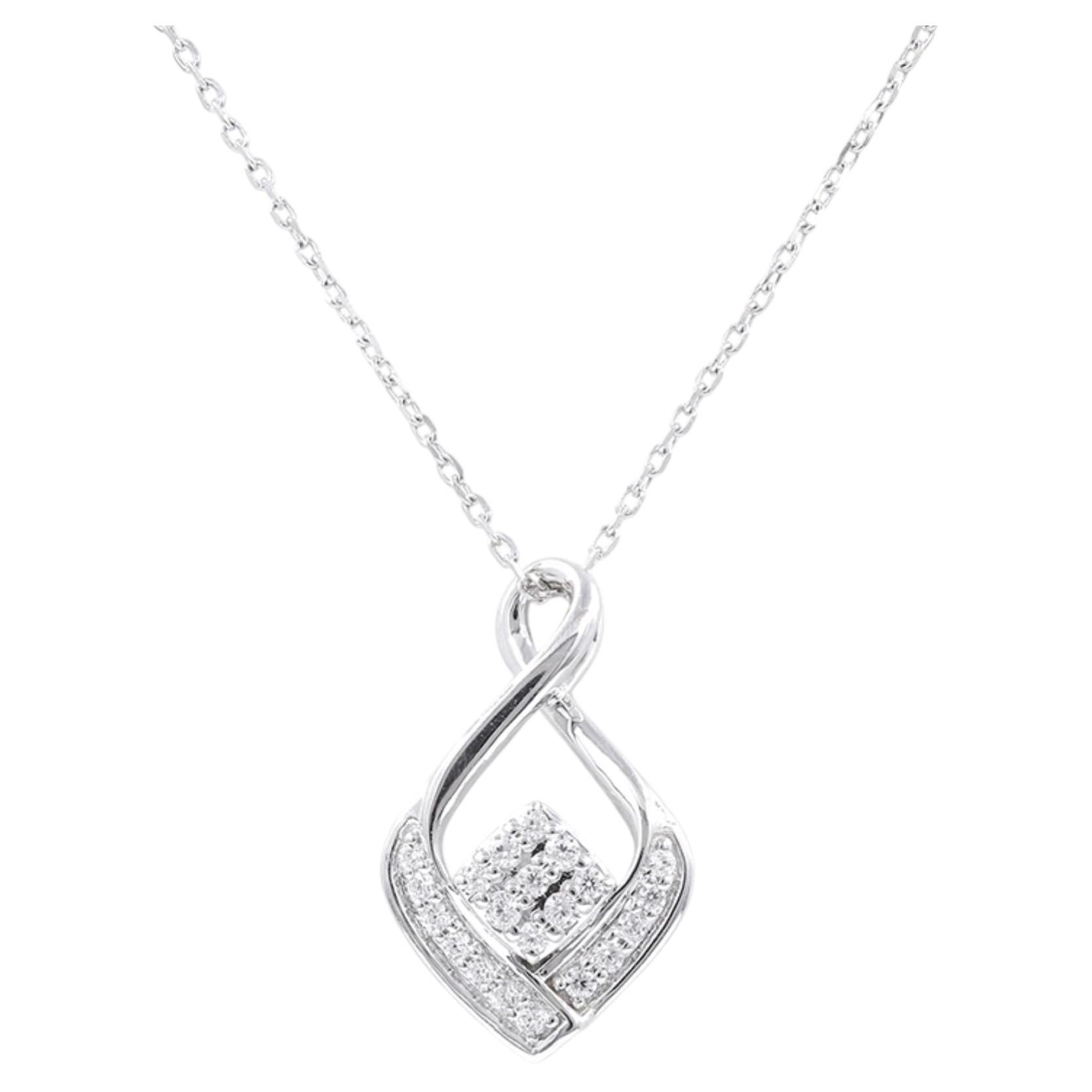 14K White Gold Twisted Infinity Criss-Cross Diamond Cluster Pendant Necklace