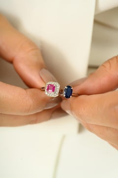 14k White Gold Two Stone Sapphire and Ruby Open Ring with Diamond Gift for Women