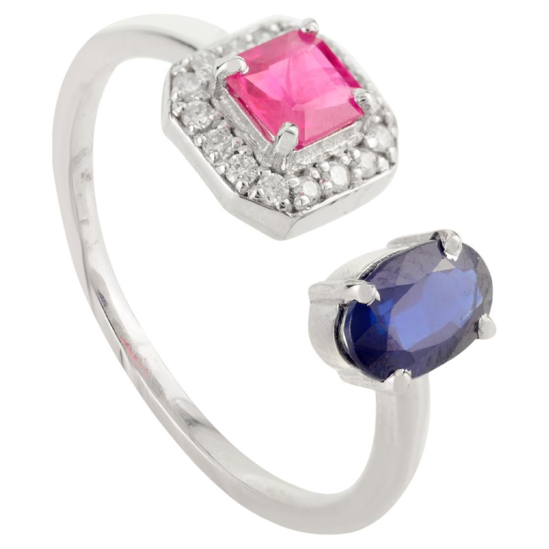 Anillo Abierto de Dos Piedras de Zafiro y Rubí en Oro Blanco de 14k con Diamante Regalo para Mujer