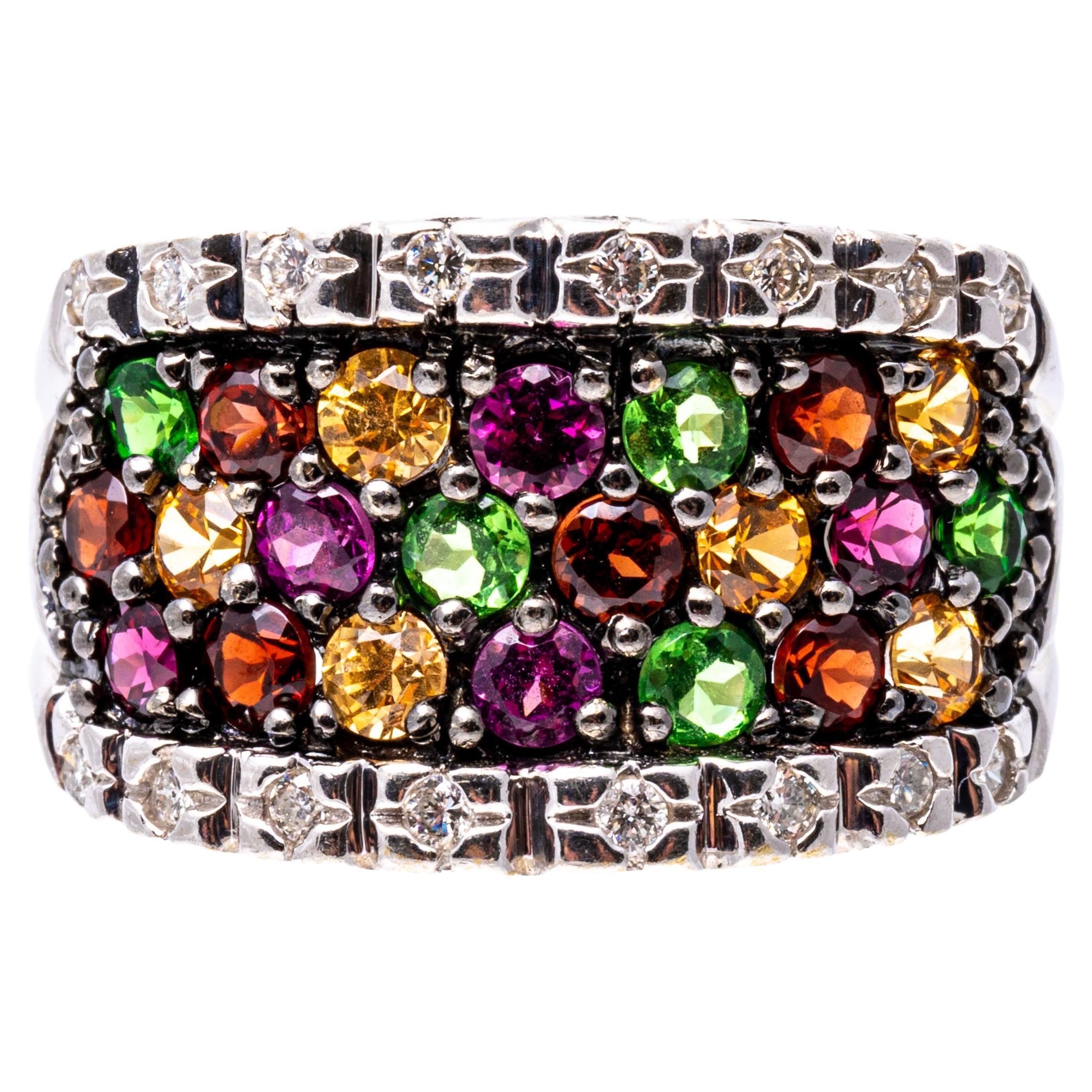 14k White Gold Vibrant Colorful Garnet and Diamond Ring For Sale