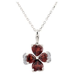 14K White Gold Victorian Garnet Heart Clover Pendant with Diamonds
