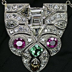 14k White Gold Vintage Art Deco Style 4.53ctw Diamond Colored Gemstones Pendant