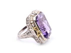 14 Karat White Gold Vintage Art Deco 1920s Amethyst and Seed Pearl Ring