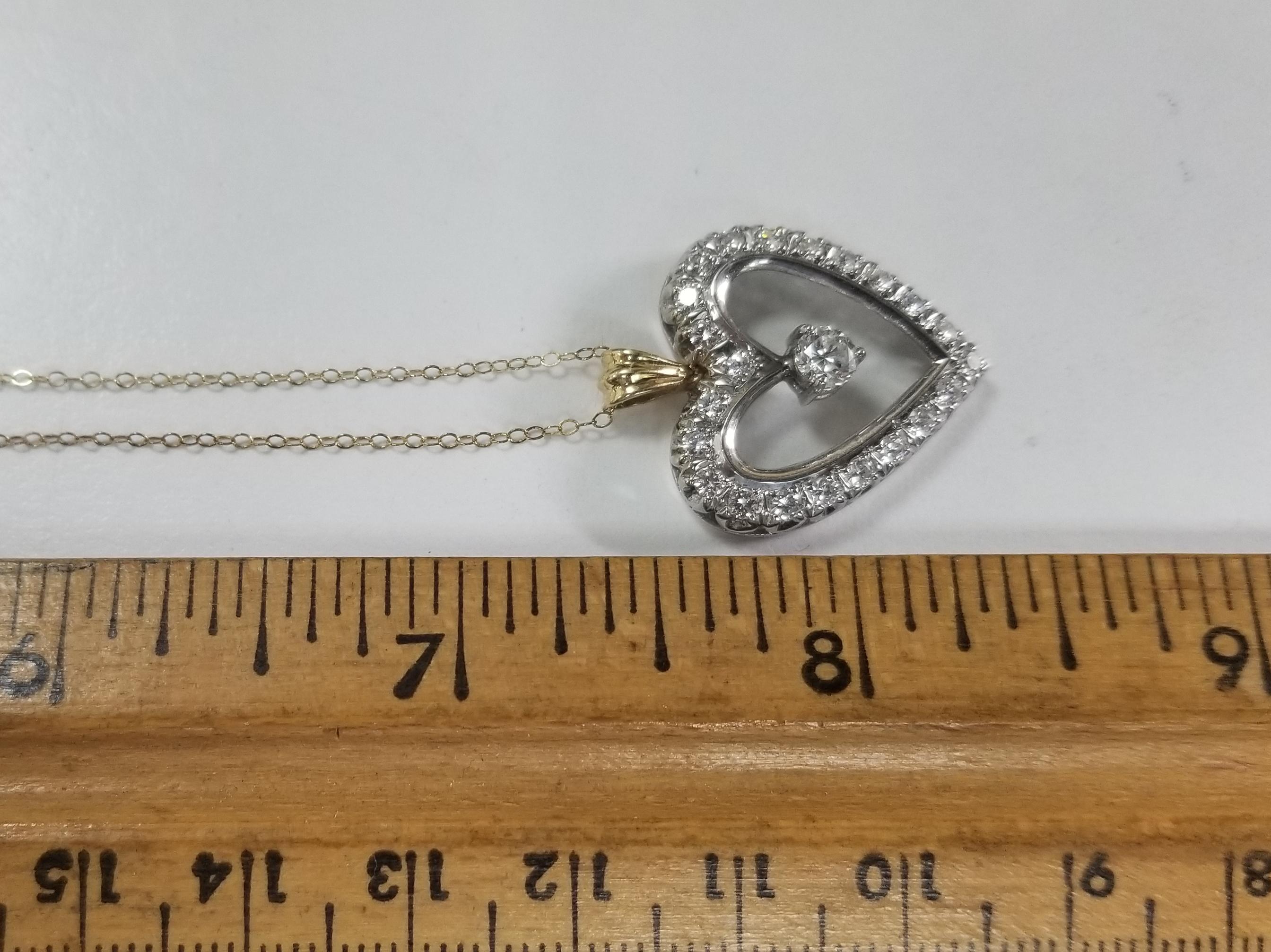 Round Cut 14 Karat White Gold Vintage Art Deco Style Diamond Heart Pendant For Sale