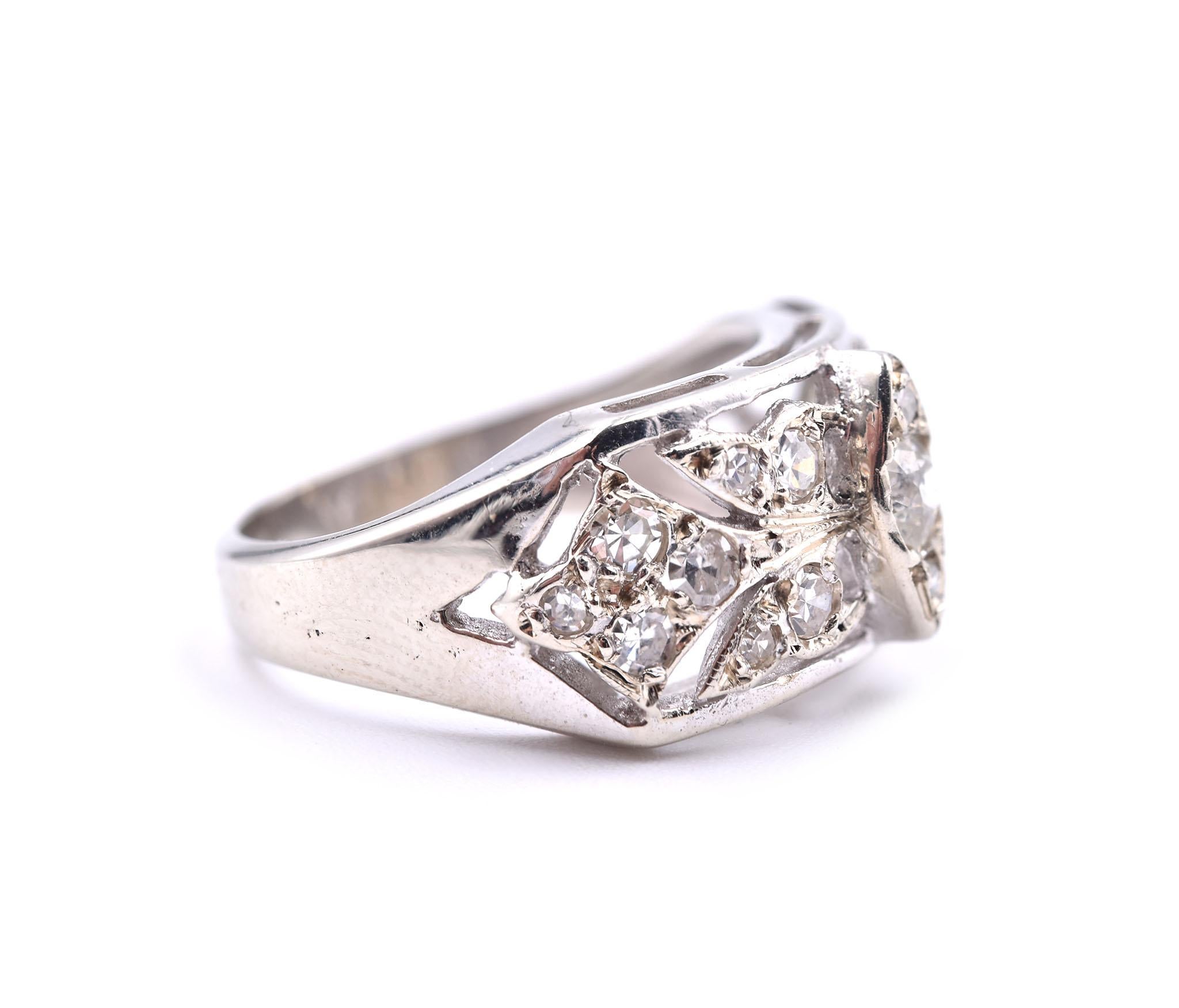 Designer: custom design
Material: 14k white gold
Diamonds: 17 round brilliant cut= .65cttw
Color: H-I
Clarity: SI-2-I1
Size: 5 ½ (please allow two additional shipping days for sizing requests)
Dimensions: ring top is 9.43mm by 19.81mm
Weight: 4.19