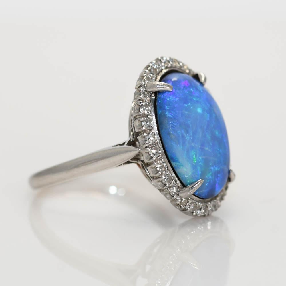 Oval Cut 14K White Gold Vintage Black Opal & Diamond Ring, 5.9g