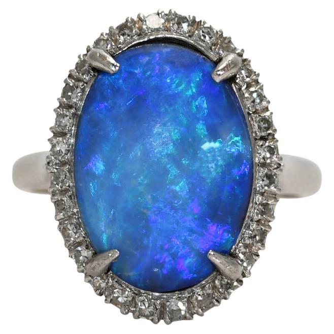 14K White Gold Vintage Black Opal & Diamond Ring, 5.9g